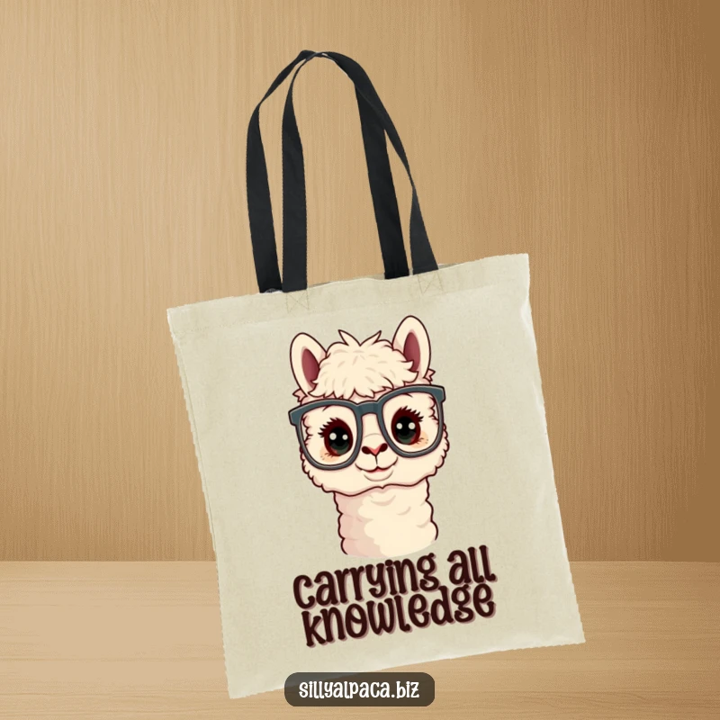 Funny Curious Alpaca Office Glasses Tote Bag featuring a cute alpaca character peering through large office glasses.