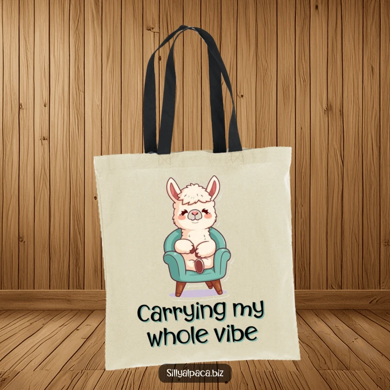Funny tote bag with a relaxed alpaca character chilling in a tiny chair, ideal for carrying essentials with a humorous touch.