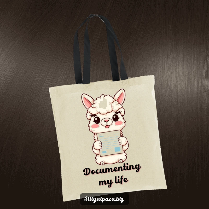Funny tote bag featuring a smiling alpaca character presenting a colorful document, symbolizing organized information and cheerful delivery.