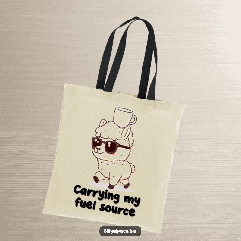 Funny tote bag with a determined alpaca marching forward, a coffee mug perfectly balanced on its head, signifying purpose.
