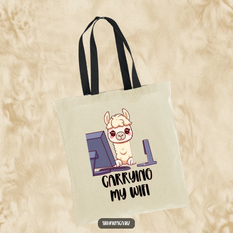 Funny tote bag illustrating a curious alpaca character intently peeking at a computer screen, symbolizing digital exploration and interest.