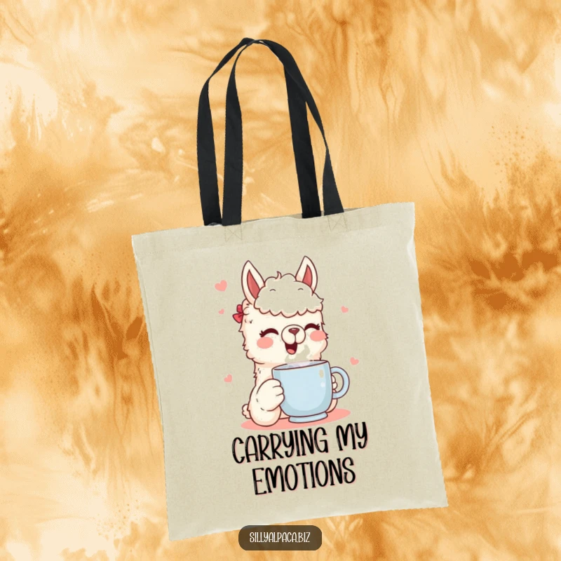 Funny tote bag printed with a gleeful alpaca character happily drinking from a steaming mug, showcasing a charming and humorous daily scene.