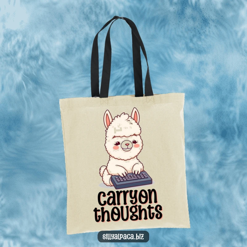 Funny tote bag showcasing a fluffy alpaca happily typing on a miniature keyboard, perfect for carrying tech essentials with a humorous, digital theme.