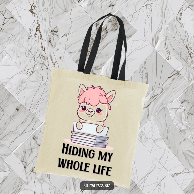 Funny tote bag with a playful alpaca hiding behind papers, its mischievous grin adding a humorous touch.