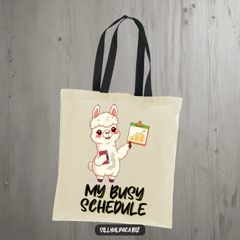 Funny alpaca tote bag featuring a cheerful alpaca with a clipboard enthusiastically pointing at a tiny chart, ideal for carrying documents and supplies.